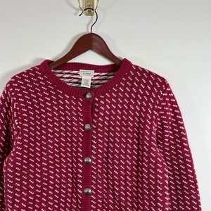 Vintage L.L. Bean Birdseye Knit Cardigan Sweater Red Nordic Cotton Wool Med
